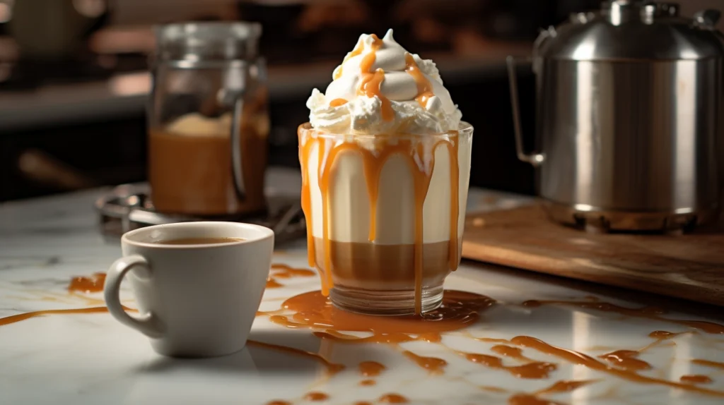 Ice coffee with whip cream and caramel drizzle